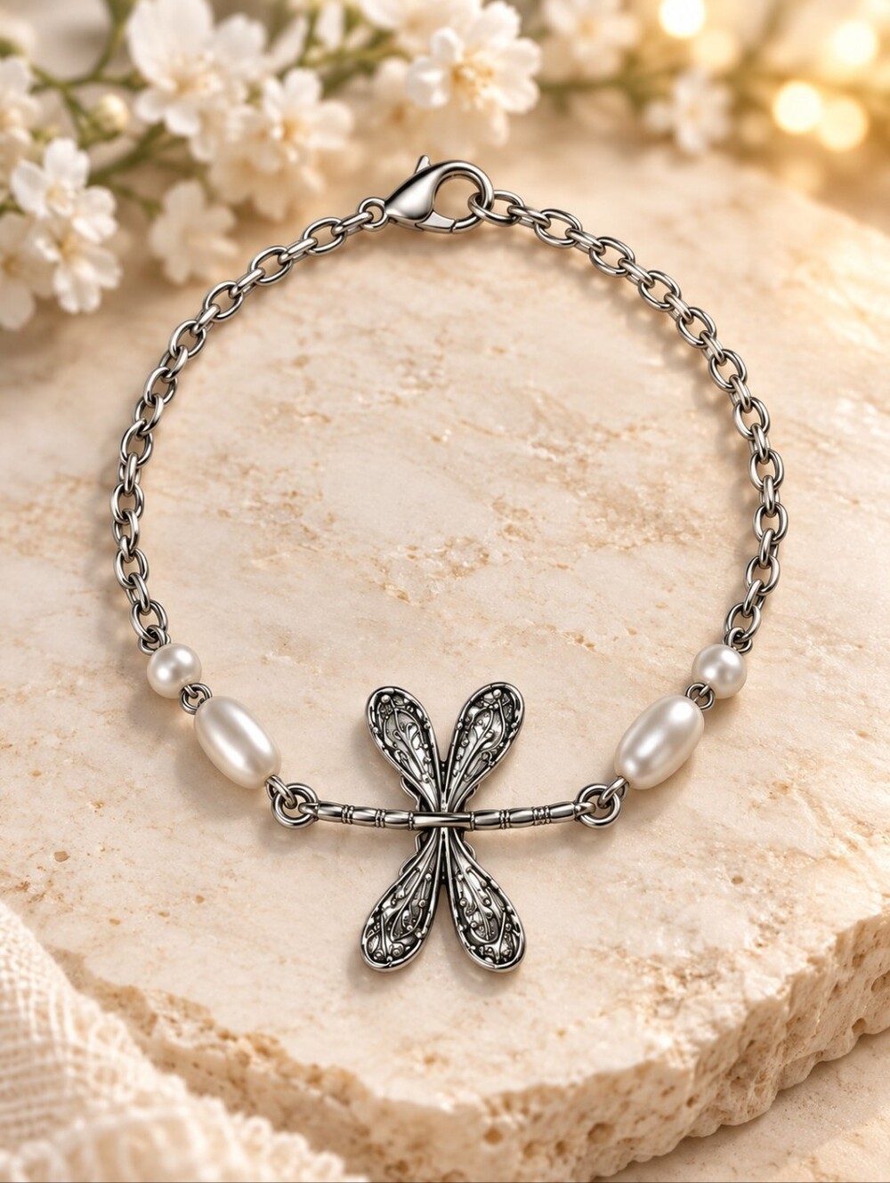 Sterling Silver Dragonfly Pearl Bracelet - Elegant White Pearls